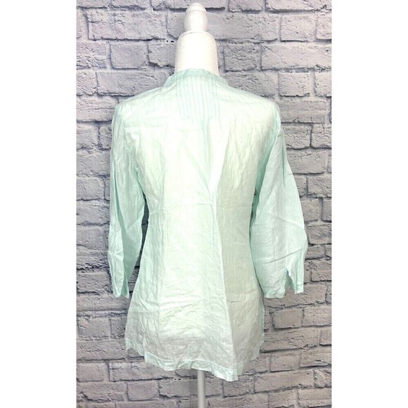 Eileen Fisher Petite Turquoise PM Linen Gauze Pintuck Button Front Long Sleeve - Picture 5 of 12